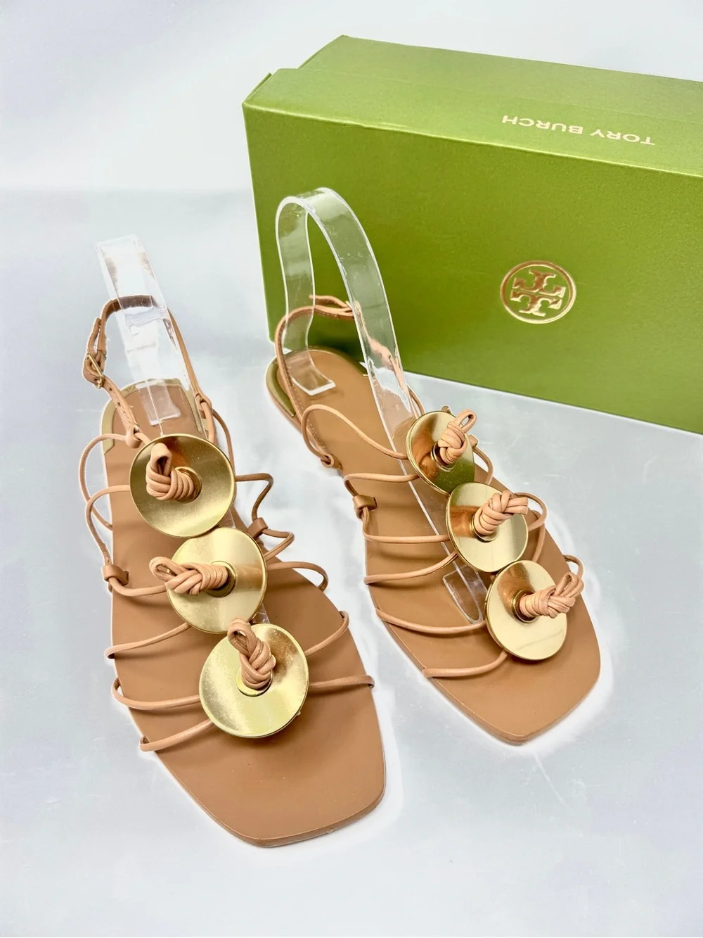 Tory Burch Artisanal Knot Tan Leather Sandal with Gold Accents